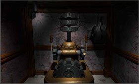 Wejdź do środka. Zobaczysz mechanizm z trzema dźwigniami i trzema cyframi. No tak, aktualnie mamy taki układ: 3, 3, 3, a musimy zrobić z tego 2, 2, 1. - MECHANICAL AGE cz.1 | Myst - Myst - poradnik do gry