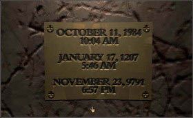 Teraz, już standardowo, możesz wejść po drabinie z symbolem księgi, aby zobaczyć, jaki kierunek aktualnie wskazuje wieża. Następnie wespnij się po drugiej drabinie, tej z symbolem klucza i zanotuj wskazówki: OCTOBER 11, 1984, 10: 04 AM; JANUARY 17, 1207, 5:46 AM, NOVEMBER 23, 9791, 6:57 PM. - STONESHIP AGE cz.1 | Myst - Myst - poradnik do gry