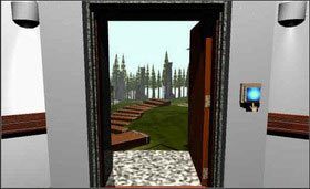 Wejdź do środka, odwróć się w kierunku drzwi, zauważysz niebieski przycisk. Użyj go, a zgaśnie światło. - STONESHIP AGE cz.1 | Myst - Myst - poradnik do gry