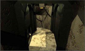 Czas odnaleźć księgę Myst. Zapewne znajduje się w pomieszczeniu na statku, tylko, jak tam włączyć światło. Wróć do pierwszego tunelu, prowadzącego do sypialni Sirrusa. Schodząc w dół, gdy będziesz mieć taki widok, kliknij na ścianie po lewej stronie, - STONESHIP AGE cz.3 | Myst - Myst - poradnik do gry