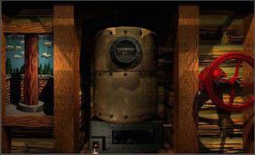 Podejdź do bojlera i skieruj zapałkę w jego dolny, lewy róg (pojawi się czerwony punkt). - CHANNELWOOD AGE cz.1 | Myst - Myst - poradnik do gry