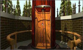 Wróć od chatki i przekręć czerwone koło w odwrotnym kierunku. Zobacz, czy ciśnienie zaczyna spadać i pędź do windy. Teraz zaczekaj, aż winda zjedzie na dół i wskocz do niej. - CHANNELWOOD AGE cz.1 | Myst - Myst - poradnik do gry