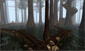 Teraz udaj się do windy, zjedź na dół, następnie zejdź po schodach na parter. Czas się stąd wydostać. Jednak najpierw trzeba podprowadzić strumień wody do windy prowadzącej do księgi Myst. Podejdź do pierwszego (od wiatraka) rozwidlenia i skieruj strumień wody w lewo. Idź w lewą stronę. Przy drugim rozwidleniu woda ma płynąć również w lewo. Skręć w lewą stronę. Gdy dojdziesz do trzeciego rozwidlenia, skieruj wodę w prawą stronę. - CHANNELWOOD AGE cz.3 | Myst - Myst - poradnik do gry