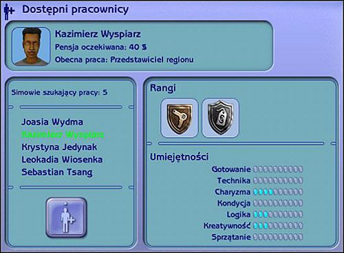 Żeby pracownicy przyszli do pracy, użyjmy jeszcze raz telefonu i wybierzmy wezwij wszystkich pracowników - Zatrudnianie pracowników - zarządzanie - wynagradzanie - rangi - The Sims 2: Własny Biznes - poradnik do gry
