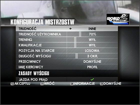 Przed większością z wyścigów istnieje możliwość dostosowania ich do własnych oczekiwań. - Ustawienia wyścigu - TOCA Race Driver 3 - poradnik do gry