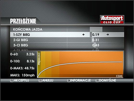 Zmiana przełożeń skrzyni biegów może poprawić przyspieszenie lub prędkość maksymalną. - Ustawienia (Tuning) - TOCA Race Driver 3 - poradnik do gry