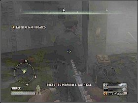 Przejdź do zawalonego budynku przed sobą, zabij strażnika przy dziale oraz wszystkich, którzy nadbiegną - Misja 12 - An Eye For An Eye | Solucja Commandos Strike Force - Commandos: Strike Force - poradnik do gry