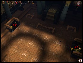 Wrzuć żółty proszek w ogień i przejdź na drugą stronę w pobliże panelu z gongami (42) - Przywoływanie Ozyrysa (3) | Rozdział III | Ankh Klątwa Mumii - Ankh: Klątwa Mumii - poradnik do gry