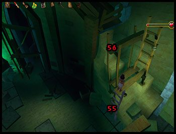 Zejdź na dół, przejdź w okolicę zbiornika z węgorzami i wyjdź po rusztowaniu na samą górę, do głowy Sfinksa - Słońce Kairu (5) | Rozdziały IV i V | Ankh Klątwa Mumii - Ankh: Klątwa Mumii - poradnik do gry