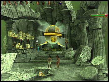 Gdy znajdziecie się u stóp sfinksa a Ozyrys wyłoni się z otworu w ziemi popchnij Bakshisha, ten spadając w przepaść pociągnie Ozyrysa za sobą - Rozdział V - W Zaświatach | Rozdziały IV i V | Ankh Klątwa Mumii - Ankh: Klątwa Mumii - poradnik do gry