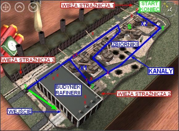 Najpierw zbadaj cały nieskomplikowany system kanałów pod rafinerią (narysowany na mojej mapie niebieską kreską ) likwidując wszystkich napotkanych Fryców (czerwone krzyżyki na niebieskich kreskach ) - Misja 2