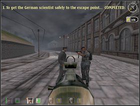 Teraz już tylko powinieneś całą ekipą wraz z niemieckim naukowcem pobiec na ulicę w miejsce oznaczone koniec na moje mapce (oby udało Ci się szczęśliwie zejść z dachów w S1 -S2 , powodzenia - Misja 1