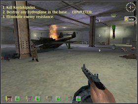 Po strzelaninie zniszcz jeszcze wodnosamolot parkujący w hali (granatami lub Panzerfaustem) realizując jeden z celów tej ostatniej już misji - Misja 4