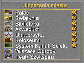Wykaz ulepszeń miasta. Te które są zaznaczone pieniążkiem możemy sprzedać po kliknięciu na nich na liście. - Zarządzanie miastami | Sid Meiers Civilization II - Sid Meiers Civilization II - poradnik do gry