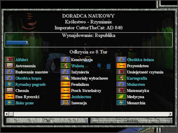 Na ekranie doradztwa naukowego mamy zestawienie wszystkich naszych technologii oraz postęp aktualnego odkrywania nauki. - Rozwój technologiczny | Sid Meiers Civilization II - Sid Meiers Civilization II - poradnik do gry