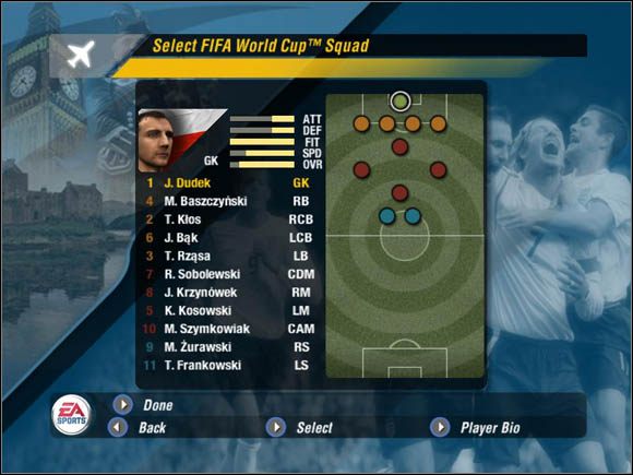 By zapoznać się z dokładniejszymi informacjami na temat zawodnika, należy wybrać opcję Player Bio u dołu ekranu - Zawodnicy | Tryb mistrzostw | Mistrzostwa Świata FIFA 2006 - Mistrzostwa Świata FIFA 2006 - poradnik do gry