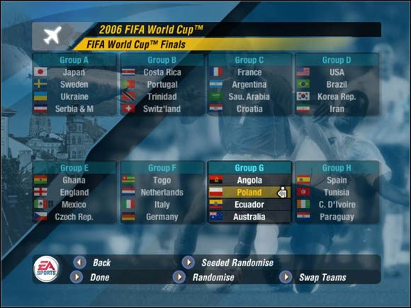 Po ustaleniu grup, przechodzimy do głównego menu trybu mistrzostw świata - Grupy | Tryb mistrzostw | Mistrzostwa Świata FIFA 2006 - Mistrzostwa Świata FIFA 2006 - poradnik do gry