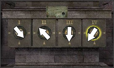 Strzałki pokazują kierunek, w który zwrócony powinien być wyróżniający się, trójkątny kształt na każdej z pieczęci. - Temple Church cz.3 | Kod Da Vinci - Kod Da Vinci - poradnik do gry