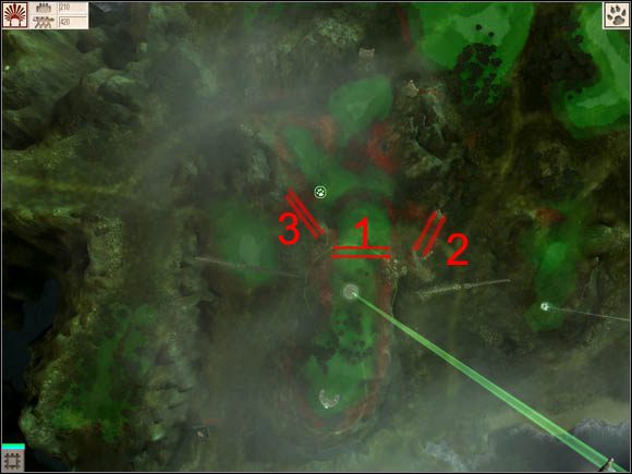 Wznosząc miasto zwróć uwagę na trzy ważne aspekty: kształt wzniesienia, na którym znajduje się centrum, możliwe drogi dotarcia do niego oraz położenie najżyźniejszych gleb (zielone plamy) - gameplay - dobro | WYSPA DRUGA Black & White 2 Wojny Bogów - Black & White 2: Wojny Bogów - poradnik do gry