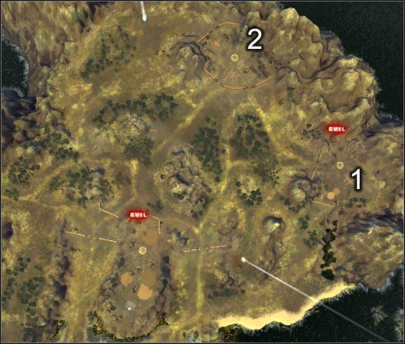 Do pokonania będziesz mieć cztery osady wroga, lecz najpierw zajmijmy się dwoma pierwszymi (wskazane na zdjęciu) - gameplay - zło | WYSPA DRUGA Black & White 2 Wojny Bogów - Black & White 2: Wojny Bogów - poradnik do gry