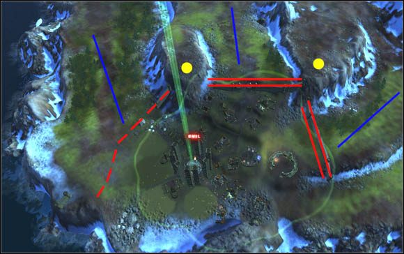 Marsz przeciwnika odbywać będzie się z trzech kierunków, pomiędzy wzniesieniami (niebieskie linie) - gameplay | WYSPA TRZECIA Black & White 2 Wojny Bogów - Black & White 2: Wojny Bogów - poradnik do gry