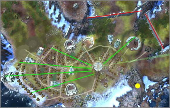 Rozpoczynając rozbudowę pamiętaj o kilku rzeczach: tereny blisko fragmentów muru są nieco nachylone, co uniemożliwia bezproblemowe wznoszenie budynków, żyzne tereny są prawie na całej powierzchni dostępnych gruntów oraz zwróć uwagę na ulokowanie kopalni (żółta kropka) - gameplay - dobro | WYSPA TRZECIA Black & White 2 Wojny Bogów - Black & White 2: Wojny Bogów - poradnik do gry