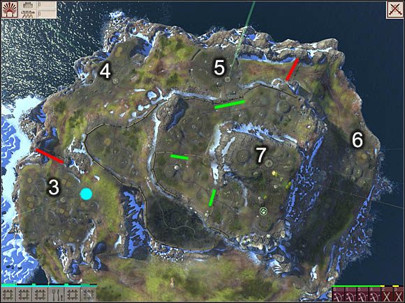 Po dotarciu do pierwszej wioski (z nr 3) ustaw podopiecznego w miejscu wskazanym niebieska kropką - gameplay - zło | WYSPA TRZECIA Black & White 2 Wojny Bogów - Black & White 2: Wojny Bogów - poradnik do gry