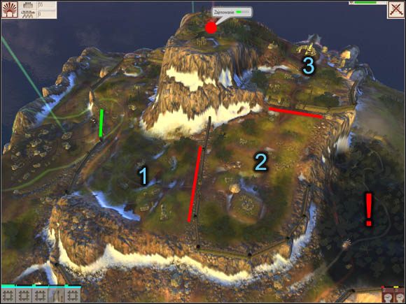 Pierwsza brama (zielona kreska) do pokonania oraz pierwsze przedpole (nr 1) nie powinno stanowić żadnego problemu, gdyż znajdująca się w pobliżu linia wpływów umożliwi Ci własnoręczne pozbycie się wrogich oddziałów - gameplay - zło | WYSPA TRZECIA Black & White 2 Wojny Bogów - Black & White 2: Wojny Bogów - poradnik do gry