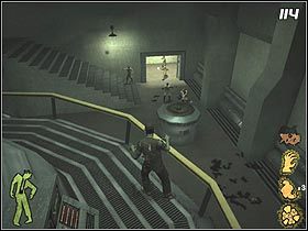 Skocz w dół i skieruj się do schodów na drugim końcu sali (prąd blokuje drogę, dlatego należy obejść całe pomieszczenie) - When the Zombie Breaks (2) | Solucja Stubbs the Zombie in Rebel Without a Pulse - Stubbs the Zombie in Rebel Without a Pulse - poradnik do gry