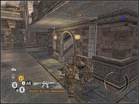 Wyrusz na południe i szybko obsadź żołnierzy za kamiennymi blokami, skąd będą mogli wziąć w ogień krzyżowy wrogów na pobliskim placu [1] - Misja 9 - Deszcz ognia - Full Spectrum Warrior: Ten Hammers - poradnik do gry