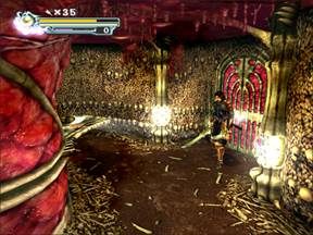 Wirujące ostrza uniemożliwiają proste przejście korytarzem - trzeba ruszyć głową. - Podziemia Katedry Notre Dame - Paryż cz.2 | Onimusha 3 Demon Siege - Onimusha 3: Demon Siege - poradnik do gry