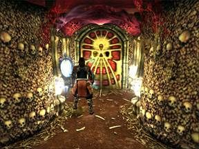 W gustownych wrotach nie ma, co prawda, klamki, ale wydaje się, że jednej czaszki także brakuje. - Podziemia Katedry Notre Dame - Paryż cz.4 | Onimusha 3 Demon Siege - Onimusha 3: Demon Siege - poradnik do gry