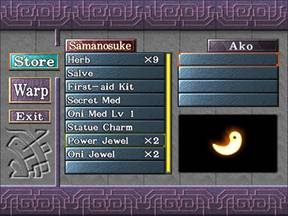 Strzałkami kierunkowymi w środkowej kolumnie zaznaczamy te przedmioty, które chcemy przekazać drugiemu bohaterowi. - Podmorska Świątynia cz.1 | Onimusha 3 Demon Siege - Onimusha 3: Demon Siege - poradnik do gry