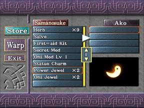 Poprzedni wybór zatwierdzamy enterem, po czym ponownie strzałkami kierunkowymi określamy ilość przedmiotów, które Ako przekaże partnerowi. - Podmorska Świątynia cz.1 | Onimusha 3 Demon Siege - Onimusha 3: Demon Siege - poradnik do gry