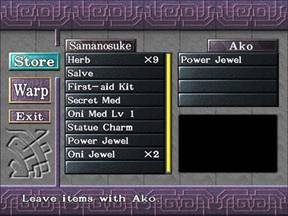 Wybór zatwierdzamy. W tym momencie wybrany przez nas przedmiot znajduje się w kolumnie pod imieniem naszej dobrej przyjaciółki Ako. - Podmorska Świątynia cz.1 | Onimusha 3 Demon Siege - Onimusha 3: Demon Siege - poradnik do gry