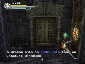 Znowu rzeźba z głową smoka, lecz tym razem brakuje prawego rogu - no cóż, trzeba poszukać! - Podmorska Świątynia cz. | Onimusha 3 Demon Siege - Onimusha 3: Demon Siege - poradnik do gry