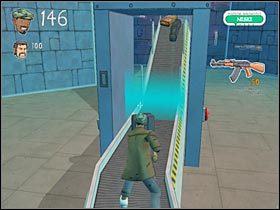 Po przedostaniu się do nowego pomieszczenia załatw wartownika i ponownie wskocz na taśmę - Lotnisko (1) | Etap 6 | Bad Day LA - Bad Day L.A. - poradnik do gry