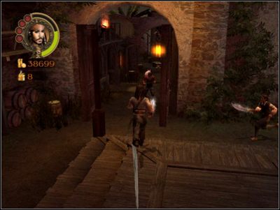 Kiedy pokonasz już wszystkich przeciwników w okolicy, ruszaj w pogoń za świnką, która zaprowadzi cię do centrum miasta, gdzie spotkasz kata i jego kumpli - Old Friends and Old Friends | Misje - Pirates of the Caribbean: The Legend of Jack Sparrow - poradnik do gry