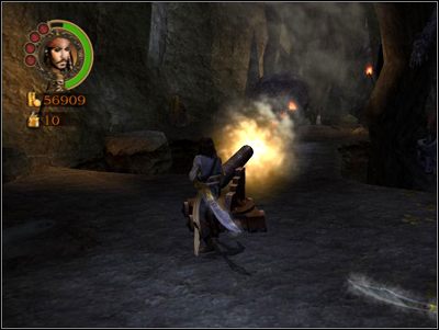 Drogę do końca etapu blokują mniejsze barykady, zza których ostrzeliwują się piraci - ten fragment najlepiej przebyć biegiem, po drodze eliminując załogi dział - The Damsel and the Dead | Misje - Pirates of the Caribbean: The Legend of Jack Sparrow - poradnik do gry