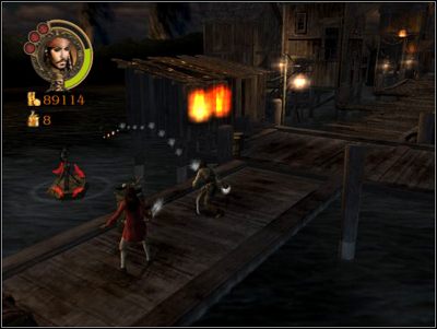 Gdy ją podpalisz strąć kolejny zestaw desek z pomocą Elizabeth i przebiegnij po nowo otwartej ścieżce, a dotrzesz do miejsca w którym czeka kawałek mapy i trap prowadzący na statek - Where There Fire, Theres Blacksmoke | Misje - Pirates of the Caribbean: The Legend of Jack Sparrow - poradnik do gry