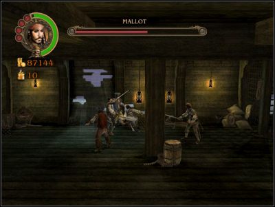Po wydostaniu się z celi zabij wszystkich piratów, a pojawi się Mallot - łatwo przerwać jego ataki, walka z nim nie jest więc zbyt uciążliwa - Prisoners of the Pearl | Misje - Pirates of the Caribbean: The Legend of Jack Sparrow - poradnik do gry