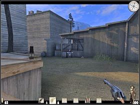 Spróbuj się teraz ustawić przy ścianie lewego budynku, niedaleko drzewa - Część druga (2) | Epizod III | Call of Juarez - Call of Juarez - poradnik do gry