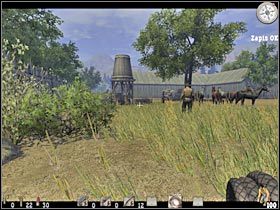 W dalszym ciągu przesuwaj się w stronę swojego celu (#1), obserwując tym samym idącego z prawej strony wartownika - Część trzecia (1) | Epizod VII | Call of Juarez - Call of Juarez - poradnik do gry