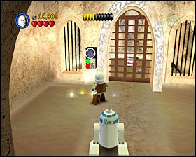 Na końcu korytarza wejściowego, przed pierwszymi drzwiami dla Łowców, skręć w prawo i użyj panelu dla 3PO - Episode VI - Jabbas Palace | Freeplay Mode - LEGO Star Wars II: The Original Trilogy - poradnik do gry
