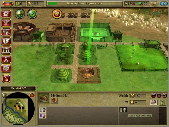 Oto zasięg pojedynczego domostwa wraz z oknem informacyjnym. Jak widać, mieszkańcy potrzebują tunik z Tunic Shop. - Misja 3. Lavinium | Kampania cywilna | CivCity Rome - CivCity: Rome - poradnik do gry