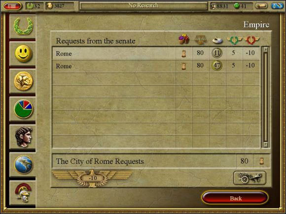 Zestaw żądań od Senatu. Za zrealizowanie zamówienia 5 punktów Imperium, za zawalenie aż minus 10. - Misja 8. Massilia | Kampania cywilna | CivCity Rome - CivCity: Rome - poradnik do gry