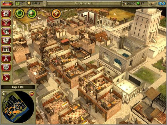 Dzielnica domostw Large Insula, cel misji. W prawym górnym rogu Wielka Latarnia, jeden z cudów w CivCity: Rome. - Misja 9. Massilia | Kampania cywilna | CivCity Rome - CivCity: Rome - poradnik do gry