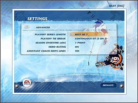Hero Rating - do wyboru On (włączone) lub Off (wyłączone) - Dynasty Mode, Advanced Settings | Game Mods w NHL 07 - NHL 07 - poradnik do gry