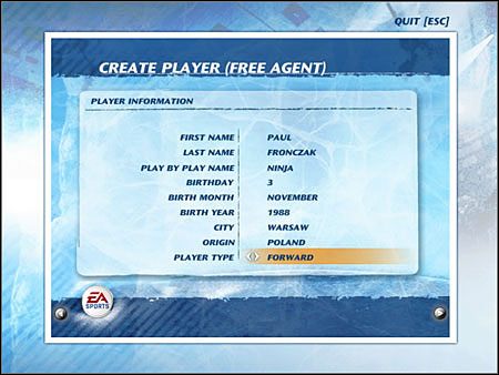 Imię i nazwisko to pierwsze pola do wypełnienia - Creation Zone | Jak grać w NHL 07 - NHL 07 - poradnik do gry