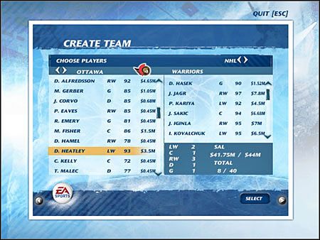 W pierwszej kolejności wybierzecie zapewne zawodników stworzonych przez siebie - Creation Zone | Jak grać w NHL 07 - NHL 07 - poradnik do gry